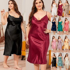 Plus Size Long Women Satin Silk Robe Straps Nightdress Dressing Gown Sleepwear