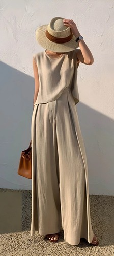 NWT Commense Two-Piece Beige Linen Blend Sleeveless Top/Wide-Leg Pants Set Small