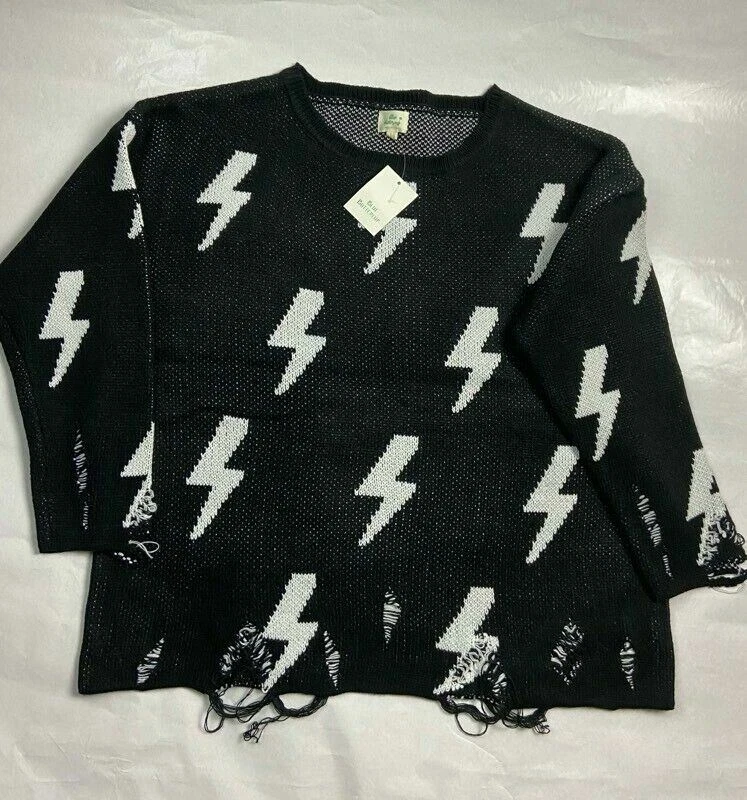 Blue Buttercup Womens Pullover Sweater Black Lightning Bolt Distressed L New