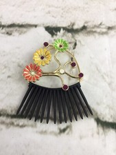 Hair Comb Floral Enamel Flowers Green Yellow Orange Gold Toned