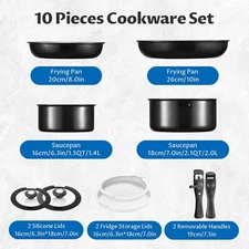 Ceramic coated induction cooktop, non-stick 10-piece set with removable handles