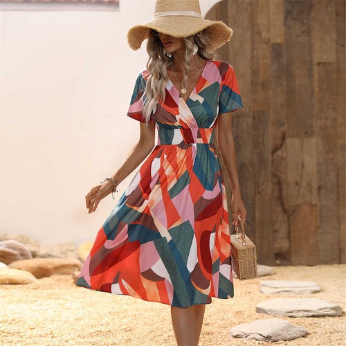 Women Skirt Summer V-Neck Small Floral Print Middle Dress Short Sleeve - Bild 37 von 40