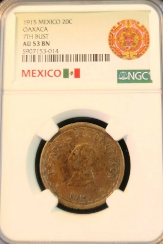 1915 MEXICO 20 CENTAVOS 20C OAXACA 7TH BUST NGC AU 53 BN BEAUTIFUL COIN