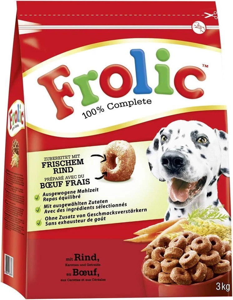 Frolic Hundefutter Trockenfutter mit Rind, Karotten Getreide, 3 Beutel (3 x 3kg)
