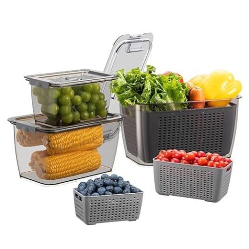 Fresh Fruit Vegetable Storage Containers, 3 Pack Produce Saver 3 Pack Gray
