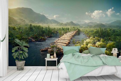 3D Mountains River Bridge Landscape Self-adhesive Removable Wallpaper Murals