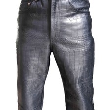 Mens Black Crocodile Print Leather 501 Style Jeans Pants Trousers Bikers