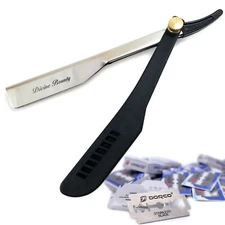 Black Classic Straight Edge Barber Razor Folding Shaving Knife + 10 Blades USA