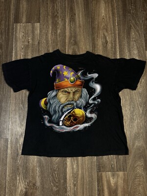 Vintage 80s Wizard Fantasy Sci Fi Psychedelic Black T-Shirt Boxy