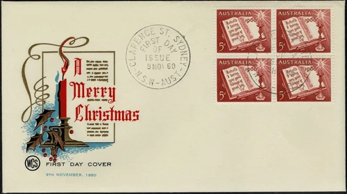 1960 Australia 5d Christmas Block of 4 on WCS Wesley unaddressed FDC. Sydney PMK