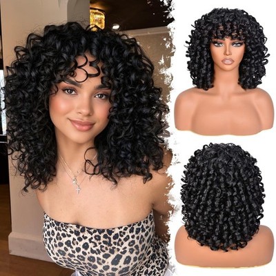 Black Short Afro Kinky Curly Wig Heat Resistant Synthetic Full Wig for Women