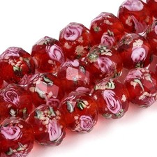80pcs Flower Faceted Lampwork Glass Beads Handmade Pink Flower Beads Red DIY