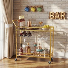 HOOBRO Drinks Trolley Gold Bar Cart Bar Trolley Kitchen Trolley Serving Trolley