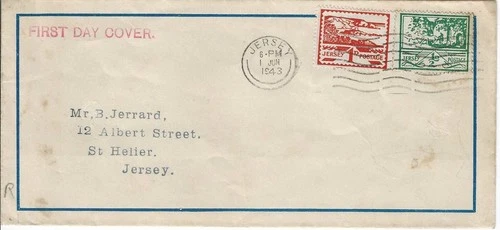 1943 (1 June) Jersey Views On Unusual Blue Border First Day Cover