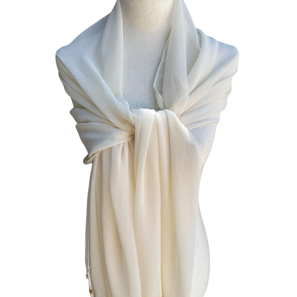 Elegant Cream Semi Sheer Rectangle Beaded Fringe Boho Festival Shawl Wrap Scarf - Image 2 of 4
