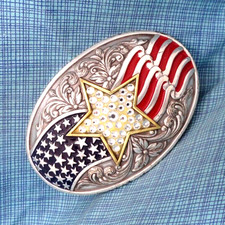 Western Stars Stripes Belt Buckle Cowboy Cowgirl Rhinestones Vtg Taiwan .SHY528
