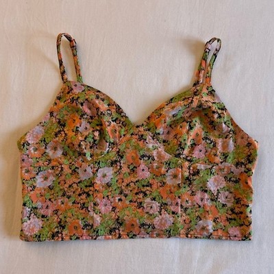 Open Edit Women's Orange and Pink Floral Sleeveless Cropped Top Size Large