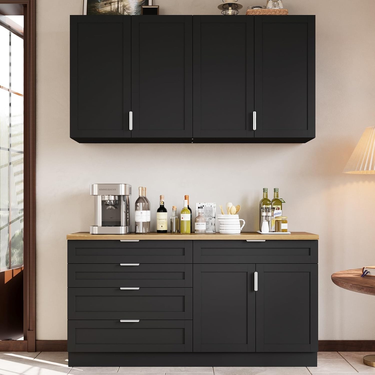 Large Kitchen Pantry Storage Cabinet Set with Wall Cupboard and Freestanding Food Organizer