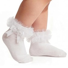 Toddler Ruffle Socks with Bow, Soft Cotton Tutu Socks with Lace 1-3T White