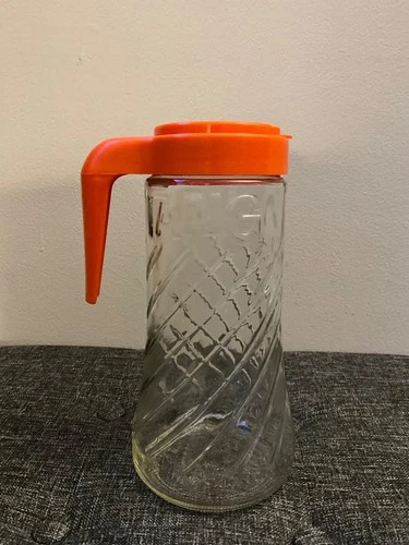 Vintage TANG Glass Jar Juice Pitcher Orange Plastic Pour Lid Anchor Hocking 5 c