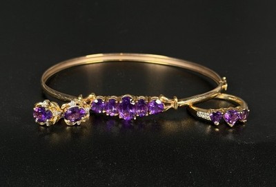 Vintage Matching 10K Gold Amethyst Bangle Bracelet & Ring + 14K Earrings Set