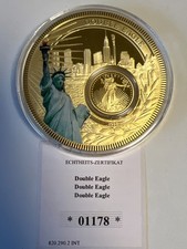 Gigant Medaille 70 mm Double Eagle - Freiheitsstatue vergoldet mit Farbdruck PP