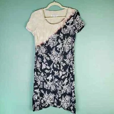 Citron Santa Monica Short Sleeve Beige Black Printed Shift Dress Size Medium