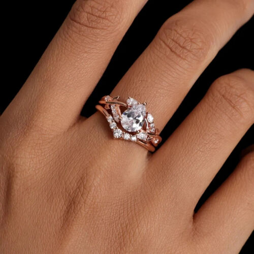 VVS Pear Cut Moissanite Vintage Rose Gold Plated Silver Wedding Ring Set For Her