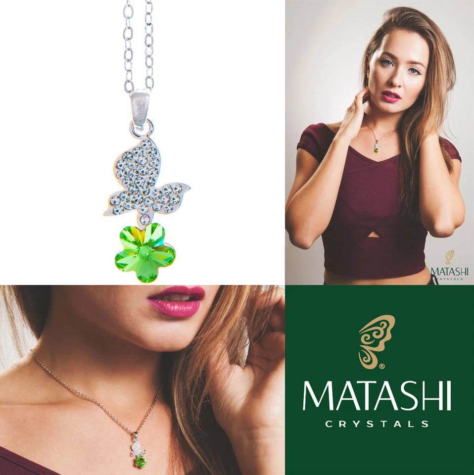 16» родия покрытием ожерелье с бабочка, цветок и зеленый кристаллы, идеальный подарок - Изображение 2 из 4