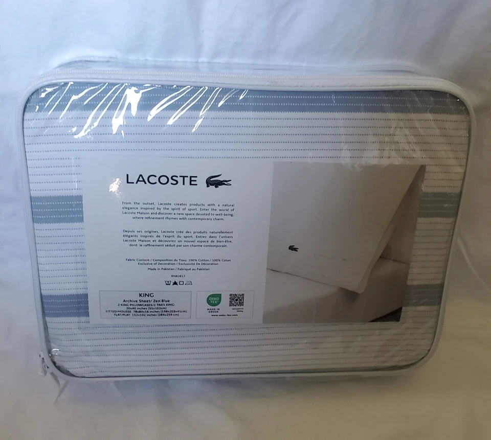 Juego de sábanas Izod Lacoste King 100 % algodón percal rayas azul claro Foto 2 de 2