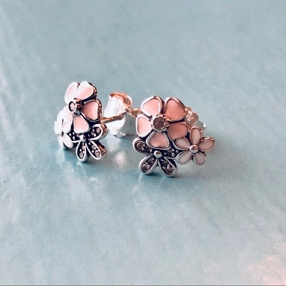 Brand New Genuine Pandora Poetic Blooms Mixed Enamel Stud CZ Earrings 290686ENMX