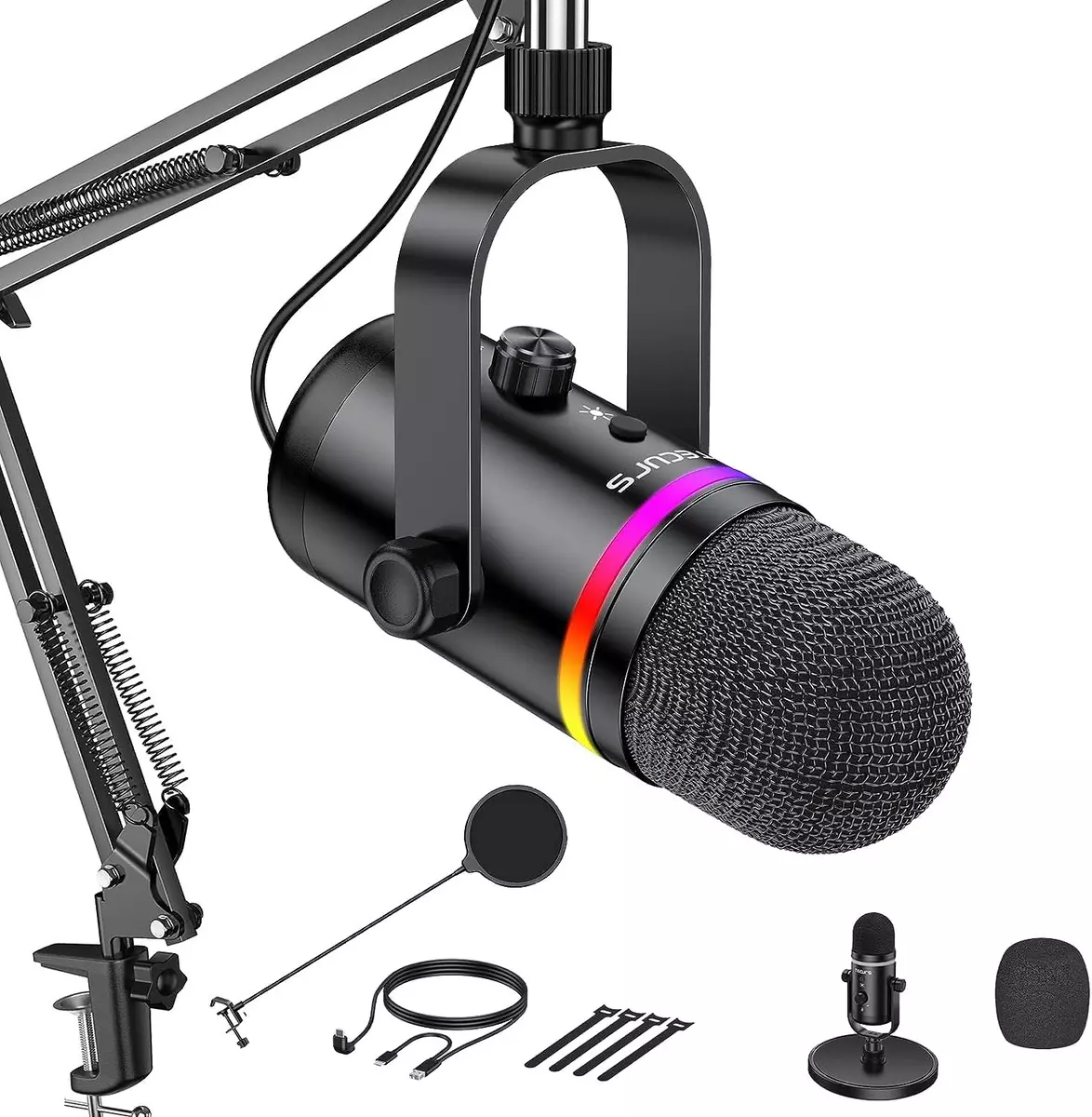TECURS GRB Gaming Streaming Recording PC Microphone Kit USB Condenser Black