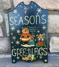 Hand Painted - SEASONS GREETINGS - SANTA TEDDY BEAR Wooden Sign Plaque