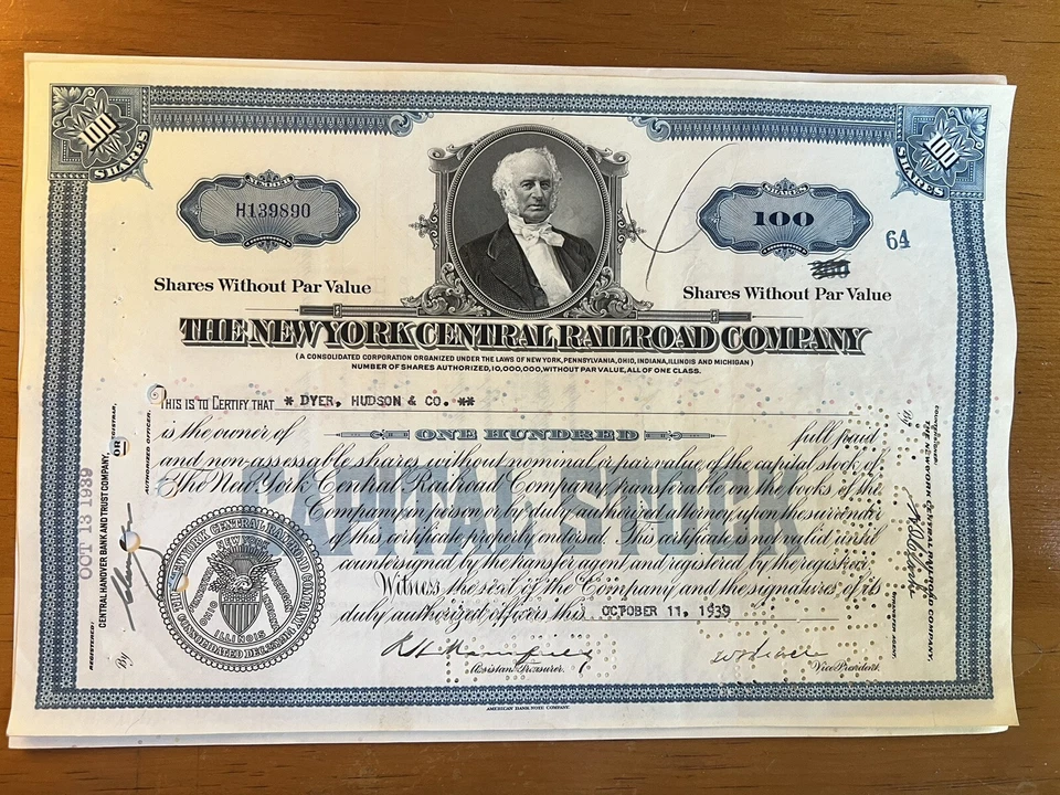 Certificado de stock del Ferrocarril Central de Nueva York: Cornelius Vanderbilt Foto 4 de 4
