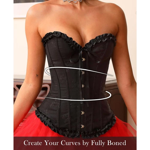 Women Overbust Lace Up Boned Corset Bustier Burlesque Basque Tops Body Shaper - Picture 4 of 32