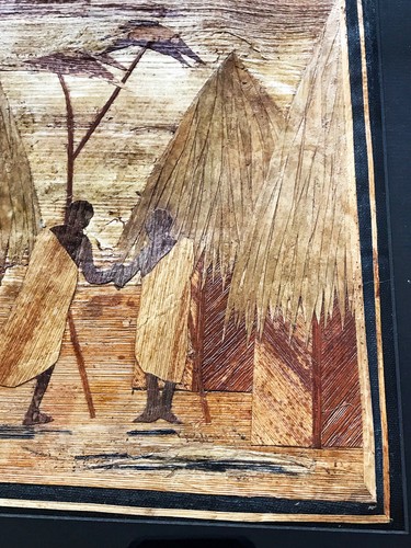 GERAHMTE VINTAGE AFRIKANISCHE VOLKSKUNST WANDBEHANG DORFBEWOHNER & HÜTTEN SZENE - 22" x 15,5" - Bild 3 von 7