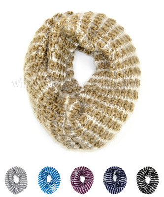Two Tone Knit Infinity Winter Scarf Elastic Warm Stripped Circle Loop Cowl White