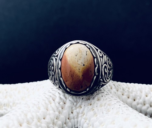 Vintage dome sterling silver jasper solitaire size 9 band ring - Picture 10 of 18