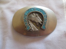 Horse Head WIth Turquoise Chip Inlay Horseshoe Western Belt Buckle Vintage