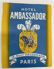 Vintage Paris France Hotel Ambassador Blvd Haussmann Luggage Label blue/yellow