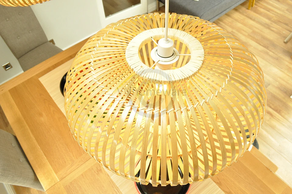 Pantalla de techo colgante de bambú hecha a mano, forma elipsoide, marrón natural, L014L Foto 4 de 4