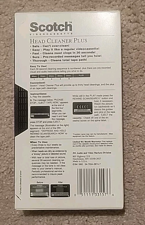 Scotch 3M VCR VHS Head Cleaner Plus Video Cassette Tape Dry Cleaning