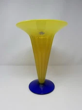 Blenko Glass Yellow Cobalt Blue 10.75” Trumpet Vase SIGNED Richard Blenko 2002
