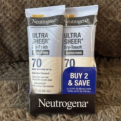 (2) Neutrogena Sunscreen Ultra Sheer SPF 70 Dry Touch Lotion 3 OZ Each Exp 09/27