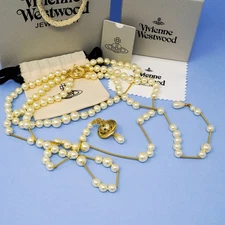 Vivienne Westwood Necklace Gold Tone Bas Relief Broken Pearl Orb Choker Box Set