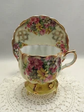 Vintage Lefton Japan Footed Tea Cup & Saucer Gold Gilt Cosmos Flowers #1079
