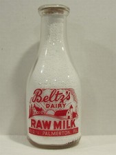 Botella de leche TRPQ Beltz Beltz's Dairy Palmerton PA CARBON CO 1957 leche cruda de granero