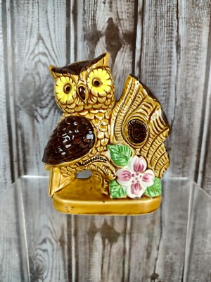Vtg Figural Owl Knife Spoon Holder Ceramic Gold Yellow Taiwan Floral Kitschy 