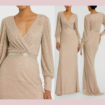 NWT Mac Duggal [ 10 ] 10062 Wrap Over Bishop Sleeve Gown With Pearl Beading J751