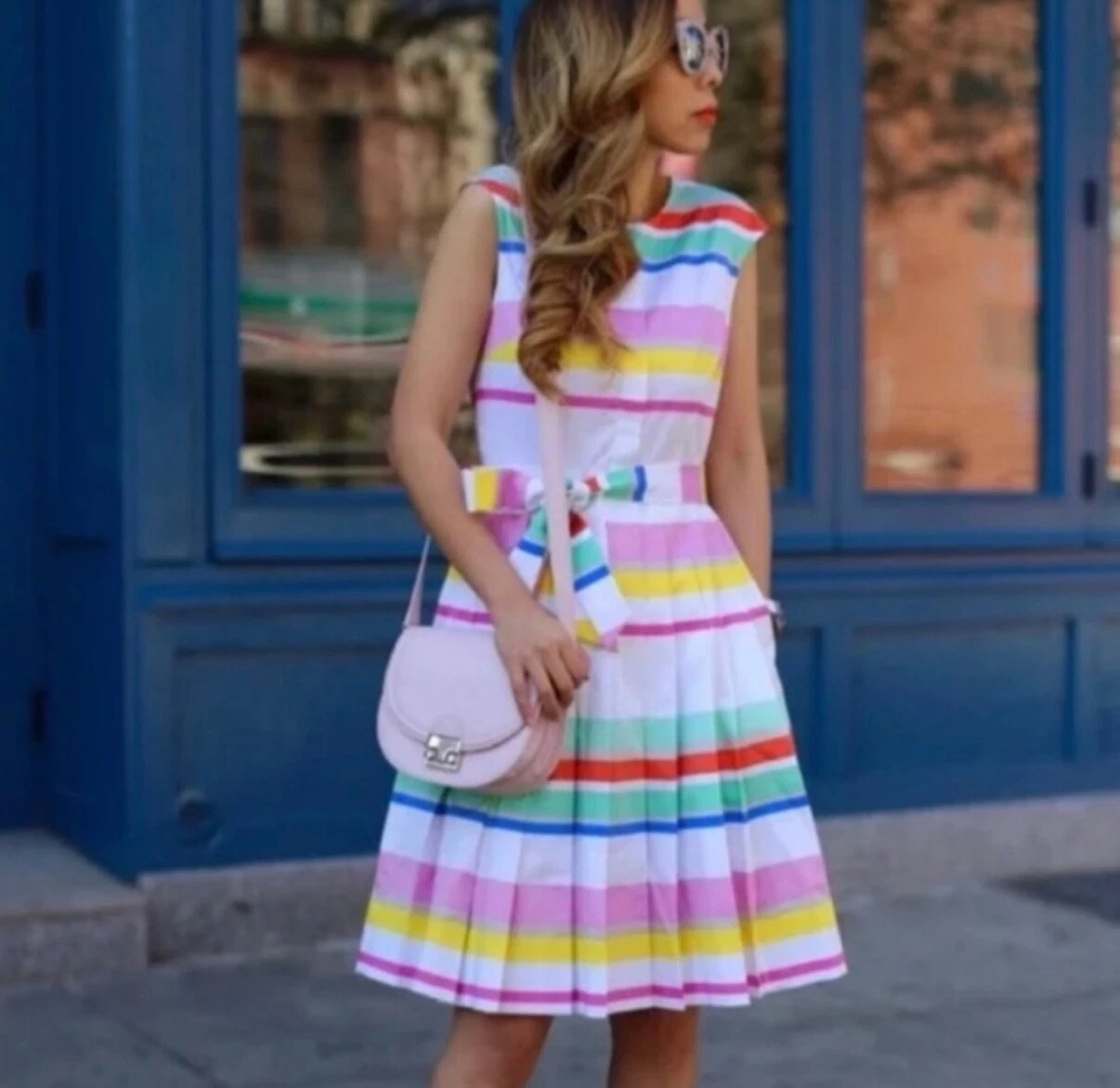 Camicia Kate Spade multi mantello righe donna taglia 4 senza maniche plissettata cravatta midi